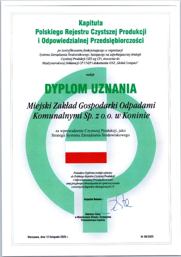 Miejski Zakład Gospodarki Odpadami Komunalnymi Sp. z o.o. w Koninie w Polskim Rejestrze Czystszej Produkcji i Odpowiedzialnej Przedsiębiorczości